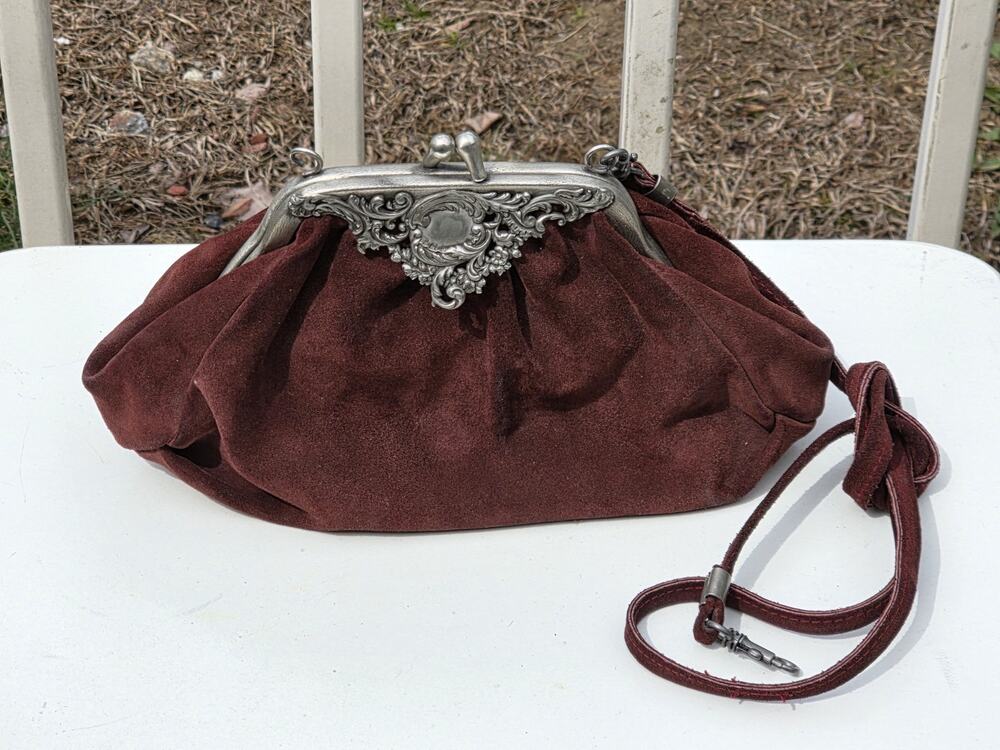 Teufel Design Vintage German Burgundy Suede and Pewter Purse/Handbag/Evening Bag